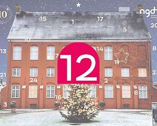 Ein festlich geschmückter Weihnachtsbaum vor einem roten Gebäude im Schnee.