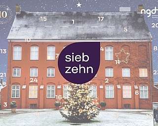 Ein rotes Haus mit Weihnachtsbaum und Schneefall.