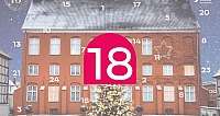 Ein rotes Haus mit Weihnachtsbaum im Schnee, Adventskalender-Design.