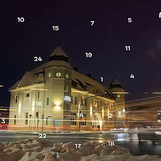 Neun Personen in einer Buchhandlung halten Kalender in der Hand unter einem Kalenderschild