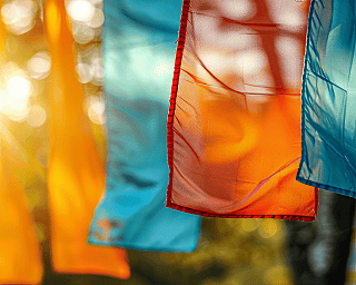 Bunte Gebetsfahnen wehen im Wind bei Sonnenuntergang mit unscharfem Hintergrund