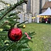 Roter Weihnachtsbaum mit einer glänzenden Kugel und einem Zelt im Hintergrund.