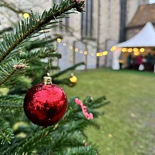 Roter Weihnachtsbaum mit einer glänzenden Kugel und einem Zelt im Hintergrund.